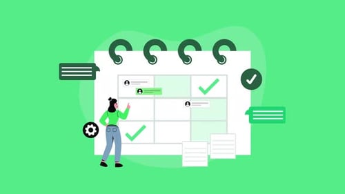 Task management concept with a woman marking a calendar. Suitable for planners.