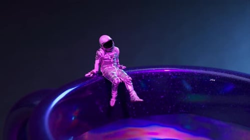 Un astronauta en miniatura con un traje espacial rosa se sienta en el borde de una gran taza iridiscente oscura llena de un