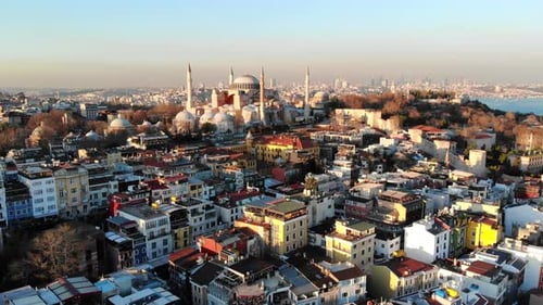 Evening Aerial Panorama of Istanbul Overlooking Hagia Sophia