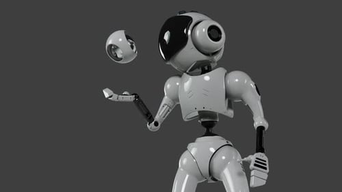 3D Robot Juggling Heads Futuristic Technology Animation
