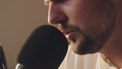 Close Up Podcaster Guy Speaking Into Microphone Bad News for American Citizens Radio Broadcaster Man