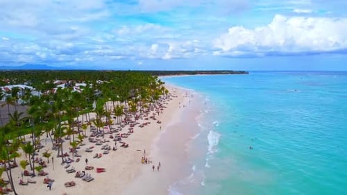 An aerial drone shot of the Dominican Republic shoreline and beach