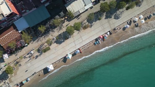 Coastal Beach Town on Albanian Riviera (Himare) Top Down Drone View