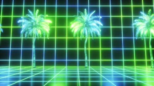 Fond Synthwave de palmiers lumineux au néon et de cupidité