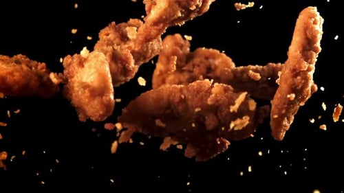 Fried Chicken Pieces Flying Through the Air