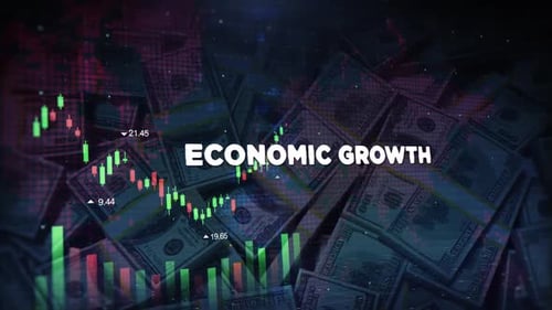 Economic Growth Words On Economic Background With Decrease Bar Chart Graph And Arrow