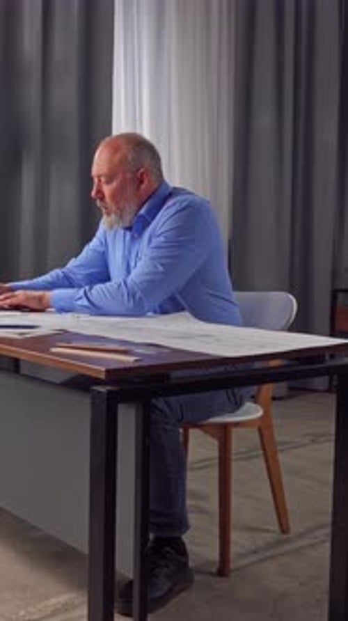 An Architect Sits in an Office at a Desk with Blueprints