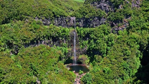Small Waterfall Cascading Forest Hill Drone View Splashing Water Flowing Rocks