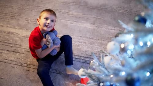 Happy Boy Hugging Plush Toy by Christmas Tree