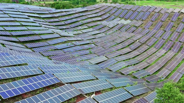 Aerial View Of Solar Panels (Solar Cell) With Sunlight. drone Flight ...