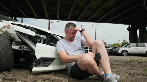 Man with Damaged Car Using Cellphone After Accident