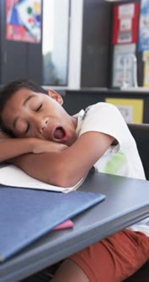 Vertical video: In school, child sleeping on desk with open notebook, feeling tired