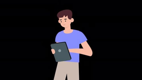 Animated Man Using Tablet in Flat Design Style