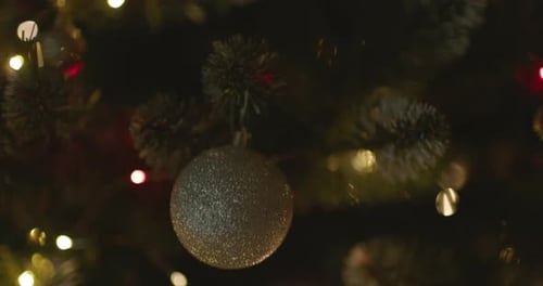 Happy New Year Christmas Tree Decorates on Branch Snow on Background Bokeh of Side Flickering Light