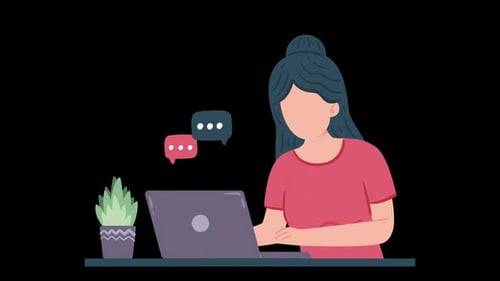 Animated Flat Design Woman Working on Laptop with Speech Bubbles