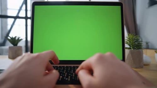 Unrecognizable Manager Working Green Screen Laptop Standing Office Table Closeup