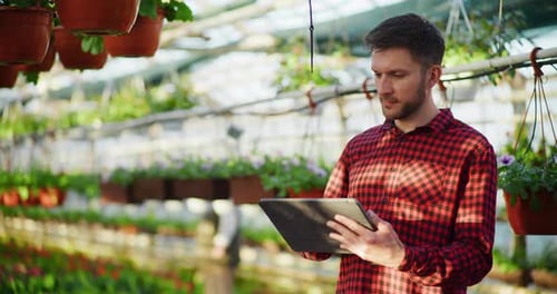 Professional Gardener Using Digital Tablet in Greenhouse