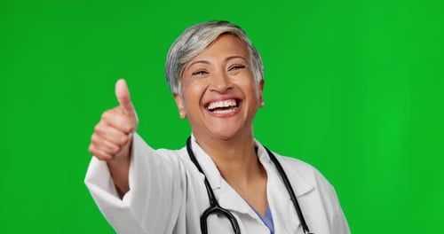 Green screen, doctor and face of woman with thumbs up for agreement, thank you