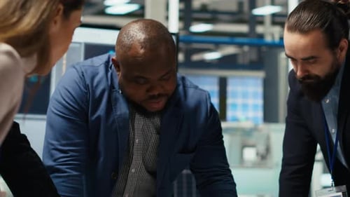 Empresários na fábrica fazem investimentos financeiros lendo arquivos de documentação