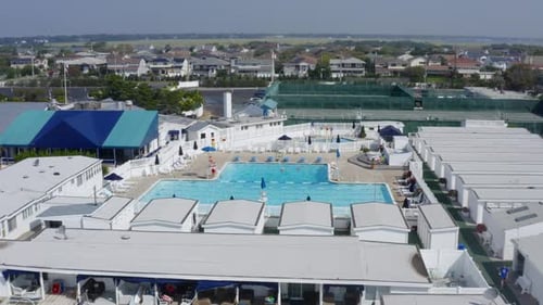Flying over a private beach club in Long Beach Long Island