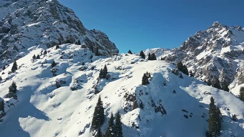 Wilderness woodland, rugged terrain, Tuyuk Su Glacier landmark, aerial
