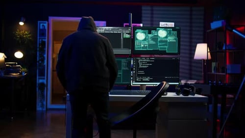 Hacker Arriving in Secret Base with Laptop Ready to Start Programming Viruses