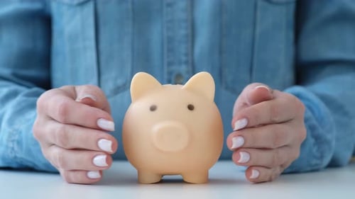 Woman Protecting Piggy Bank By Hands Money Accumulation Savings Security