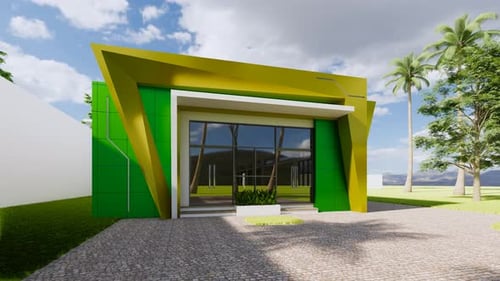 Variante Verde Amarillo Brillante Edificio Comercial Moderno 3D - Fachada Arquitectónica Dinámica