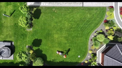 Aerial View of Lawn Mowing on Sunny Day
