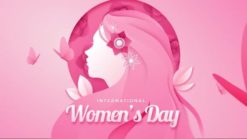 Animated International Women's Day Title with Pink Flowers and Butterflies