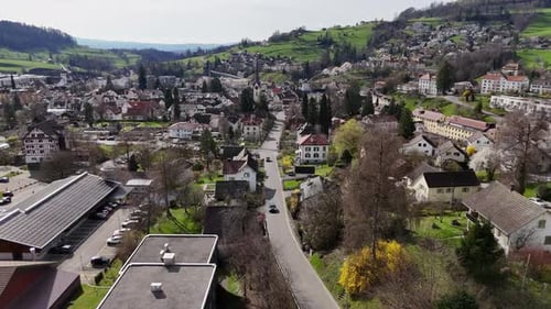 Wald, Schweiz mit Wohngebieten und grünen Hügeln im Frühling, Luftaufnahme
