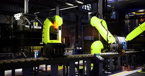 Industrial Robots Performing Automated Assembly Tasks in a Factory