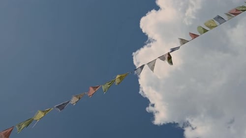 Buddhism Religious Background with Copy Space, Buddhist Religion Prayer Flags and Blue Sky, Backgrou