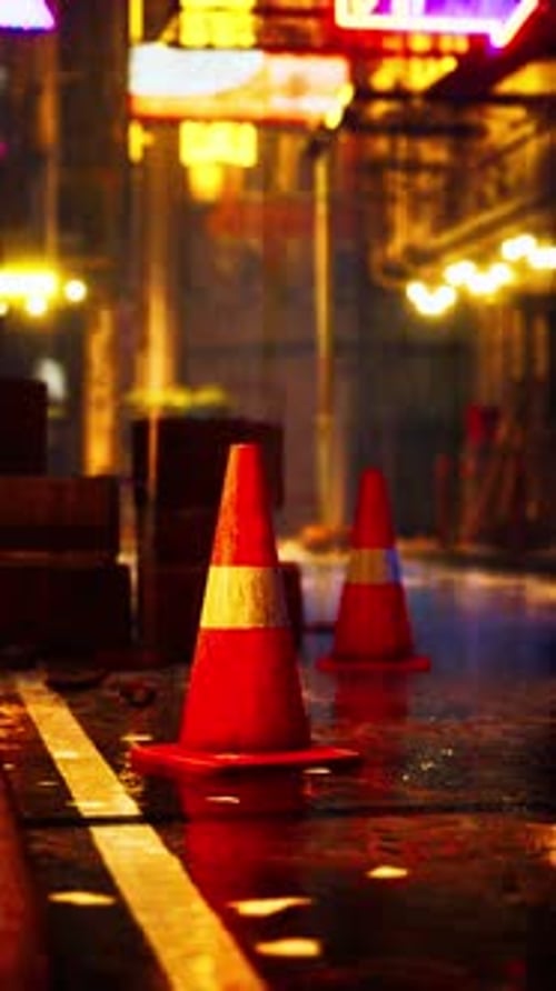 Wet Street With Traffic Cones