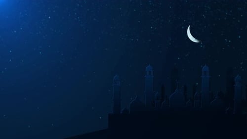Animated Mosque and Crescent Moon Night Sky for Celebrations