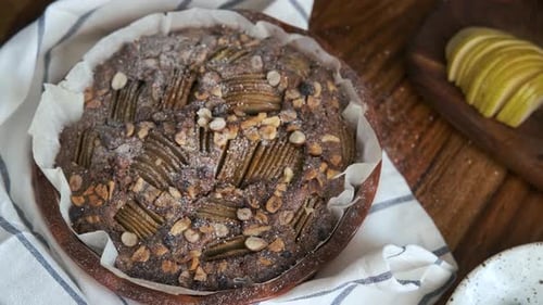 Freshly Baked Pear and Nut Cake Overhead