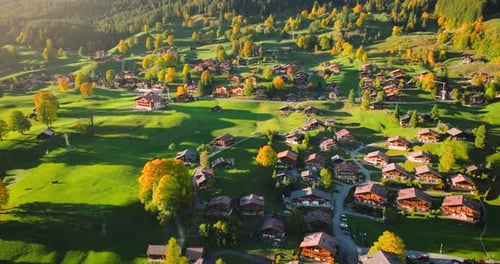 Aerial View of the Beautiful Swiss Nature and Village in Switzerland