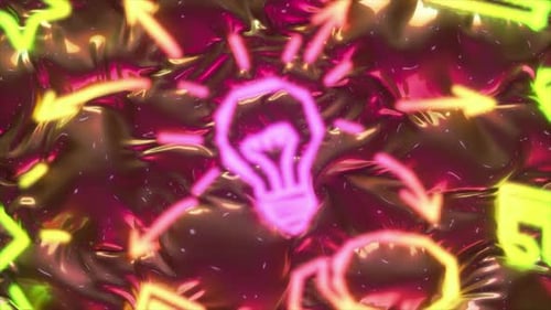 Bombilla de neón con flechas sobre un fondo brillante que representa ideas y creatividad