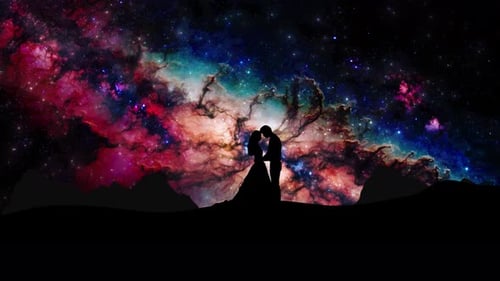 Milky Way Galaxy Time Laps And Romantic Silhouette Couple Standing Top Of The Hill Or Mountain