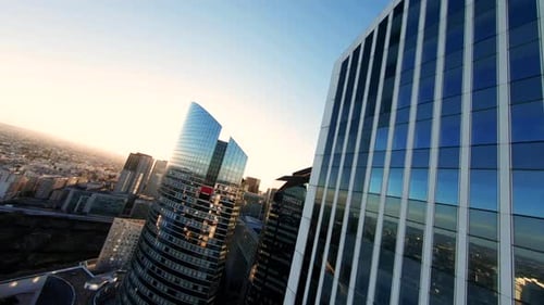 Paris Aerial. Modern La Defense FPV drone aerial view.