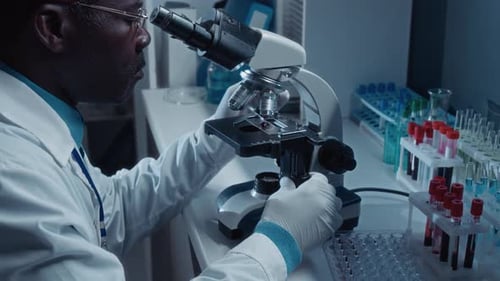 Scientist Working at Microscope in a Lab