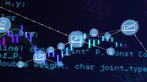 Animation of network of connected media icons and data on black background