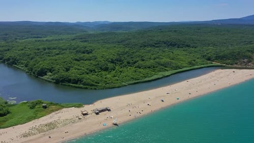 Aerial view to beautiful beach on Sinemorets and mouth of Veleka river, Black sea, Bulgaria