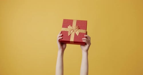 Hands Tossing Gift Box on Yellow Background