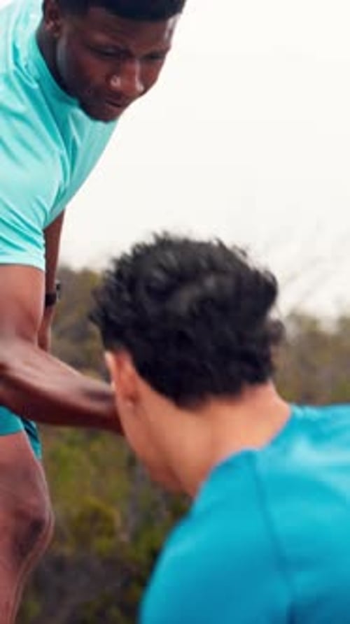 Nature, help and men on mountain for exercise, hiking and trekking for health