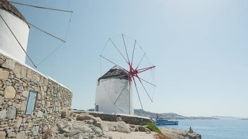 Windmills along the coast of Mykonos, Greece