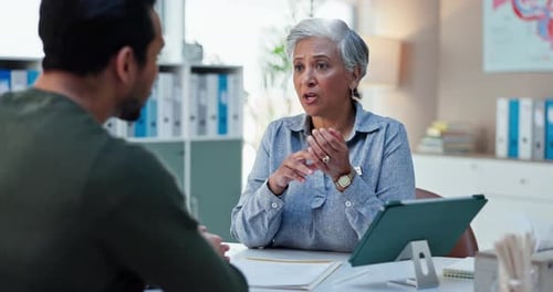 Healthcare, doctor and explaining of diagnosis, clinic and results of checkup