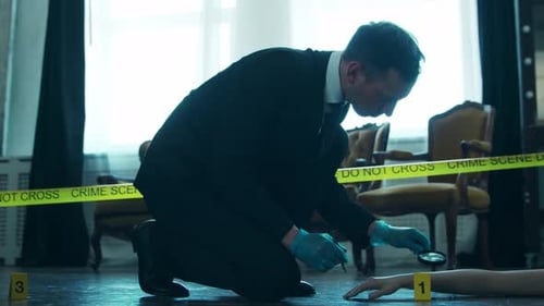 Investigator Examining Evidence at Crime Scene