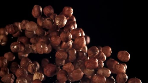 Peeled Hazelnuts Tossed and Falling in Slow Motion