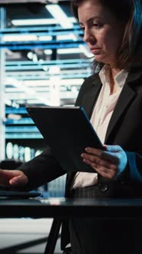 Vertical Video Data Center Specialist Crosschecking Settings Between Laptop and Tablet